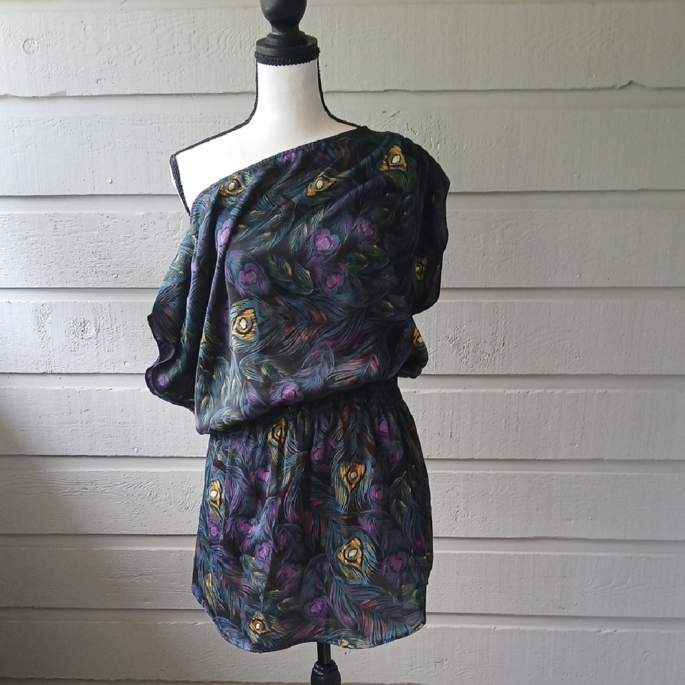 H&M Purple and Blue Asymmetrical Ruched One Shoulder Dress